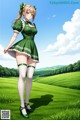 A girl in a green dress and white stockings standing in a field.