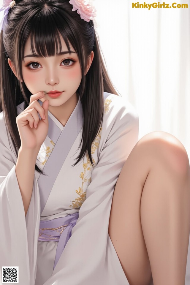 A woman in traditional attire with floral hair accessory and hand on chin.