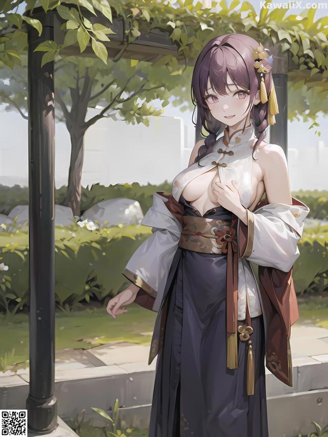 A woman in a kimono standing under a tree.