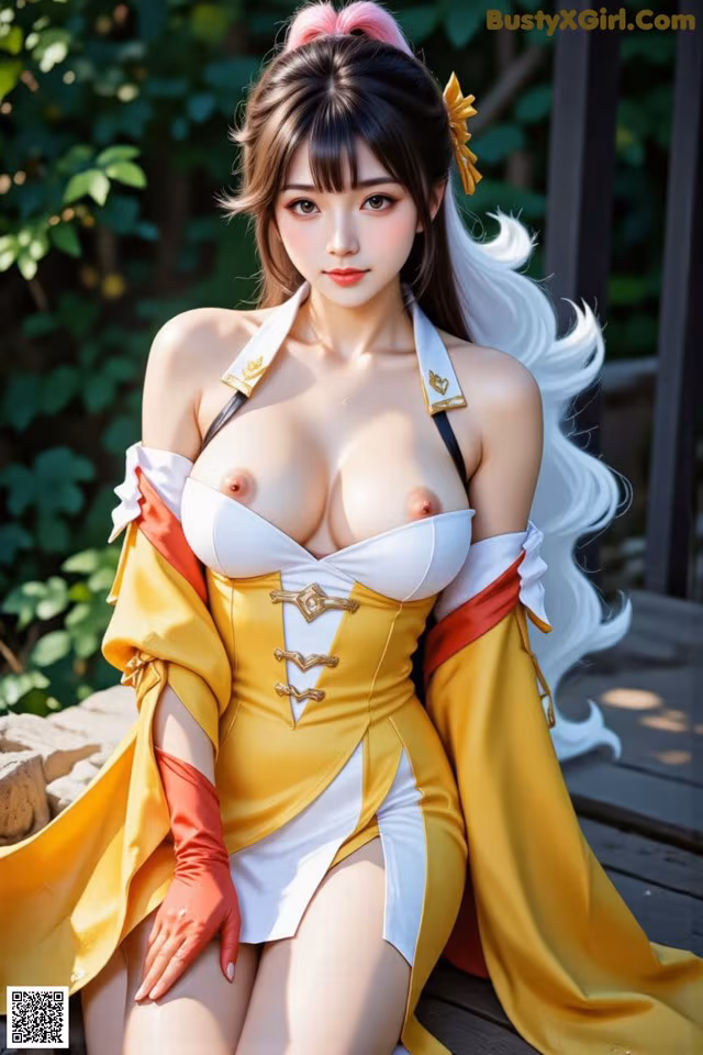 A woman in a yellow and white outfit with long hair.