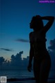 A nude woman standing on the beach at sunset.