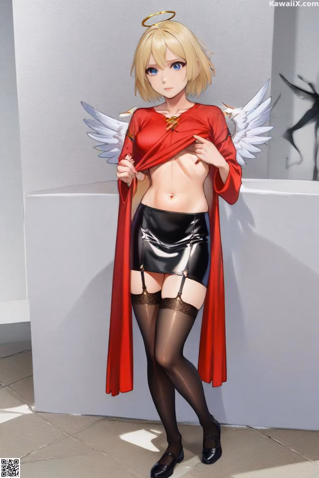 A woman in a red cape and black stockings posing for a picture.