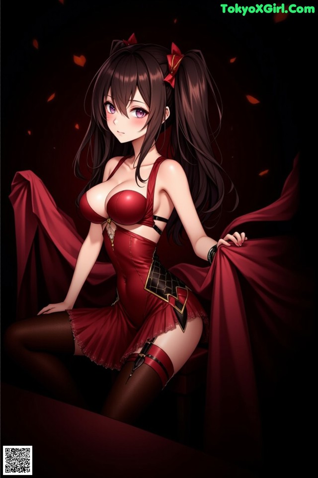 A woman in a red dress sitting on a bed.